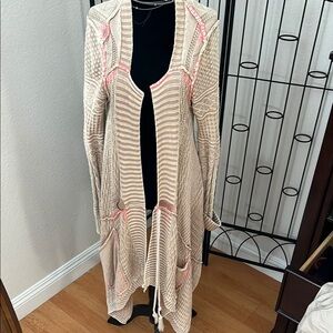 Free People Cream and Pink Floral Knit Cardigan